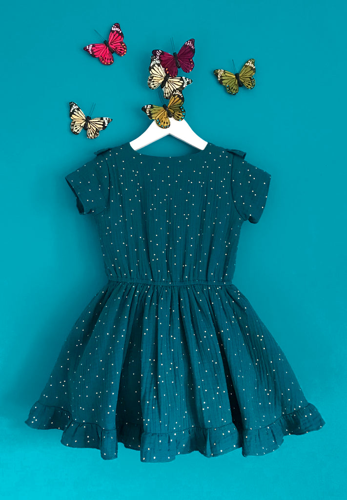 Girls and Childs Autumn Winter double gauze cotton dress with frill sleeves and gold spot in Peacock.