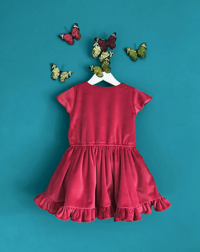Girls and Childs Autumn Winter French Velvet frill dress in hot pink.