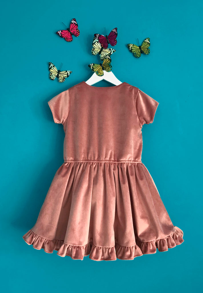 Girls and Childs Autumn Winter French Velvet frill dress in Rosewood pink.