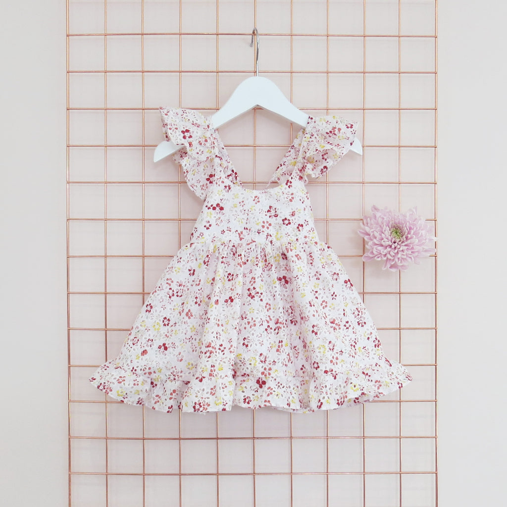 Childs Summer floral print and broderie anglaise dress with frill sleeves