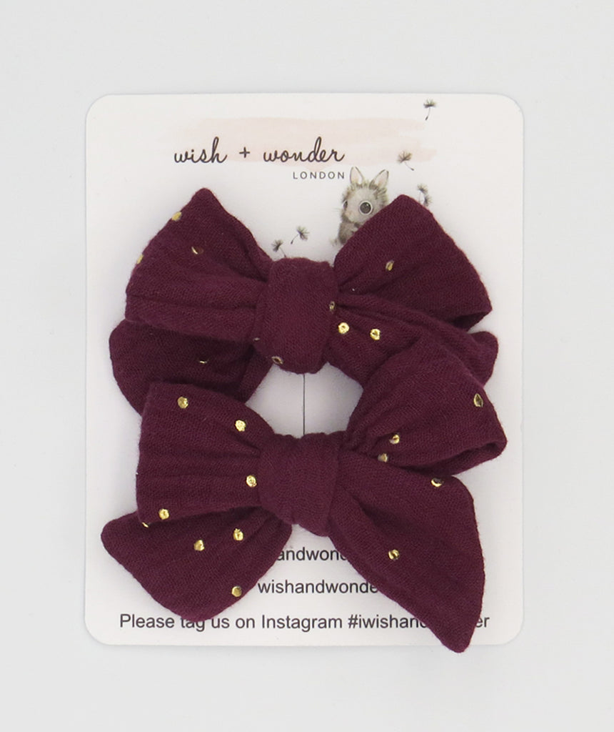 Anais double gauze dot cranberry set of pigtail hair bows with gold spot