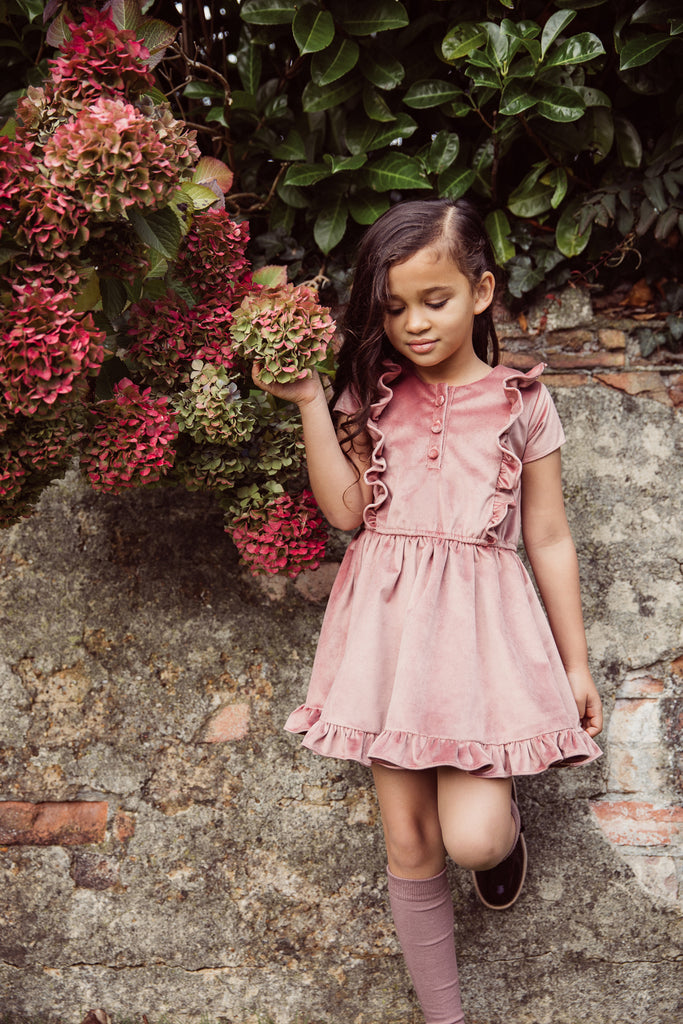 Girls and Childs Autumn Winter French Velvet frill dress in Rosewood pink.