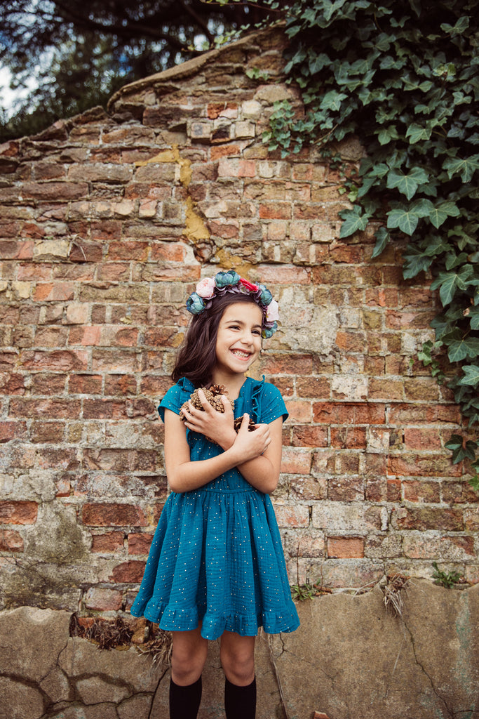 Girls and Childs Autumn Winter double gauze cotton dress with frill sleeves and gold spot in Peacock.