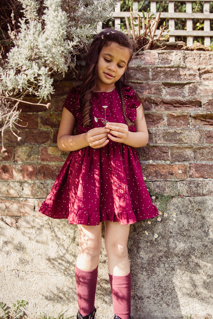 Girls Autumn Winter double gauze cotton frill dress with gold spot in cranberry