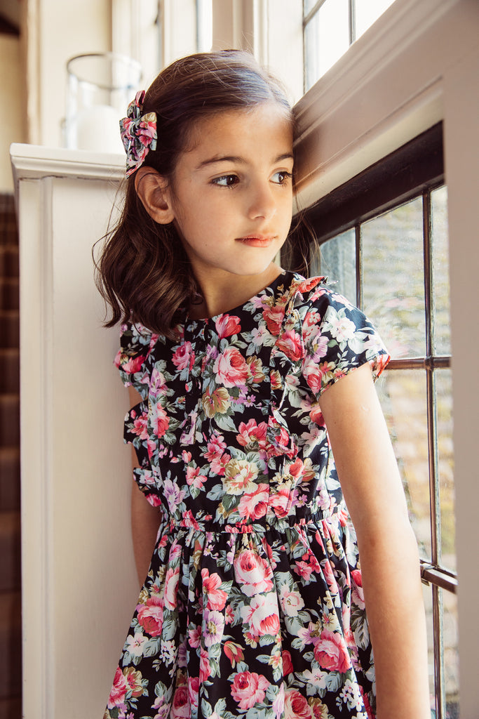 Girls and Childs Autumn Winter Floral bloom cotton frill dress in black, pinks and green