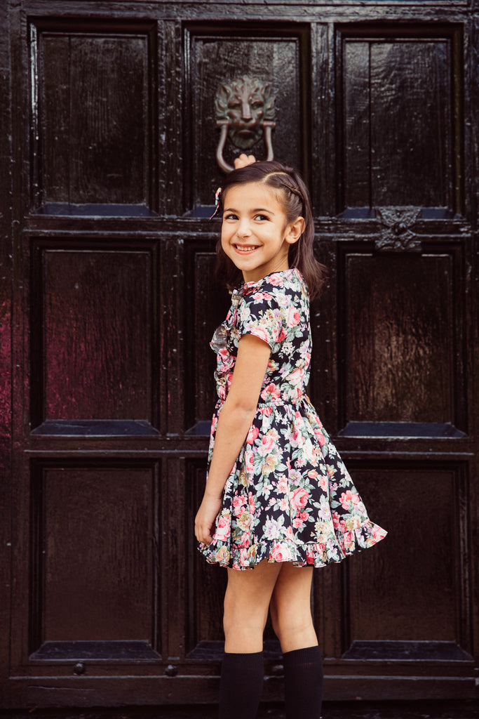 Girls and Childs Autumn Winter Floral bloom cotton frill dress in black, pinks and green